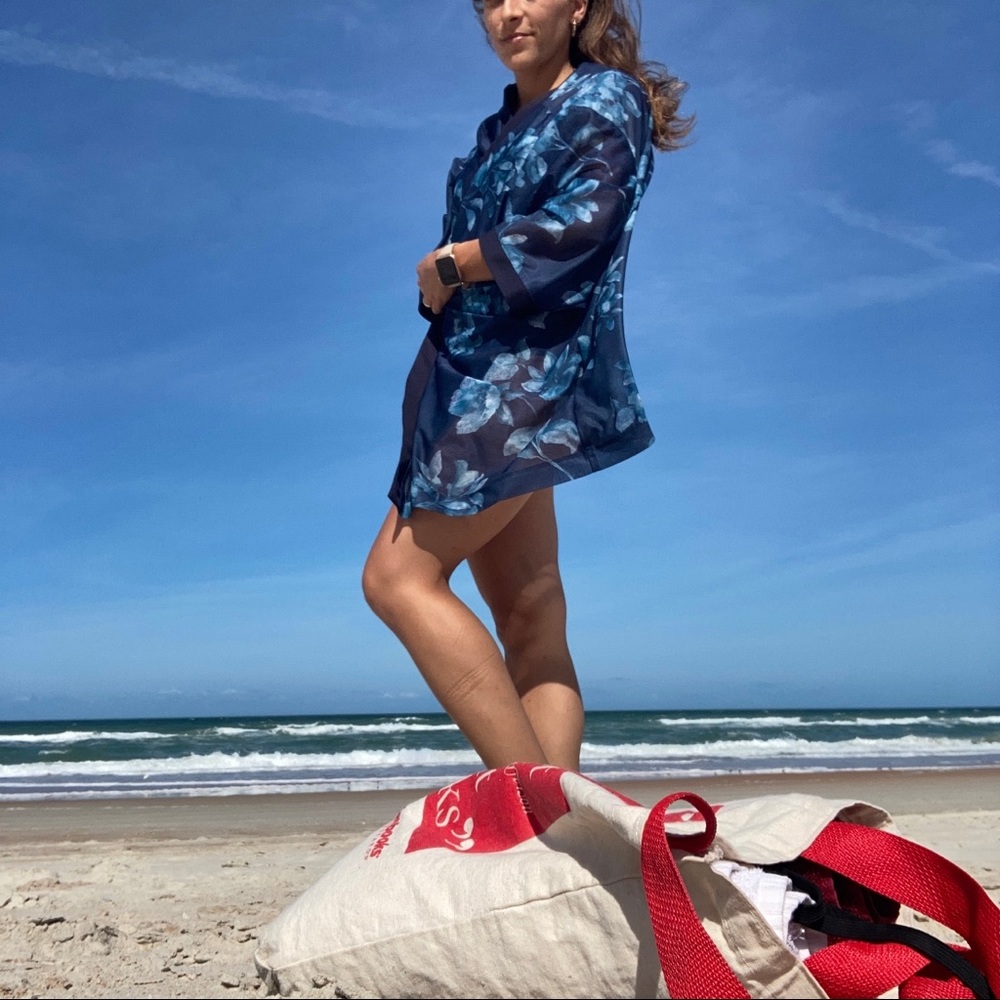 Vintage Blue Floral Open Front Swim Cover up